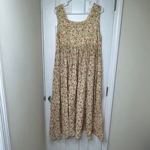Sita Vintage Floral Cotton Maxi Dress Cream Pink Sleeveless Boho Cottagecore M